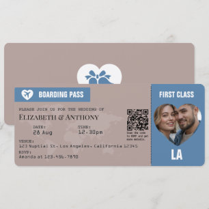 Staubblaues und warmes Taupe-Boarding-Pass-Hochzei Einladung