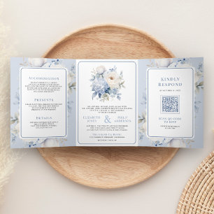 Staubblaues und weißes florales All-in-One-Hochzei Dreifach Gefaltete Einladung