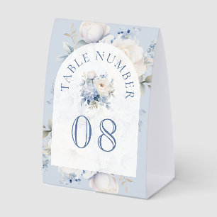 Staubblaues und weißes florales Hochzeitstischschi Tischaufsteller