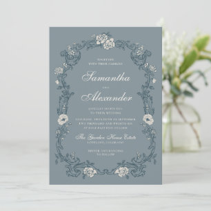 Staubblaues Vintage-Blumenhochzeit Einladung