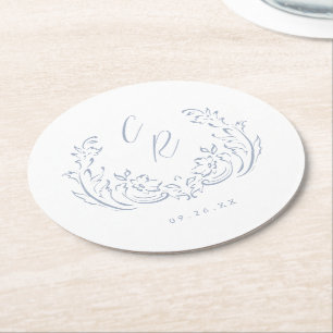 Staubblaues Vintage-Flourish-Hochzeitsmonogramm Runder Pappuntersetzer