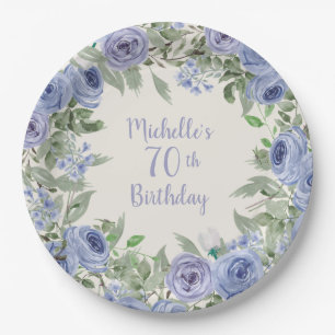 Staubblaues Wasserfarben-Blumen-70. Geburtstag Pappteller