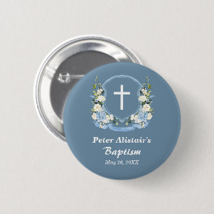 Staubblaues weißes Kreuz Blumenwappen Taufgeschenk Button