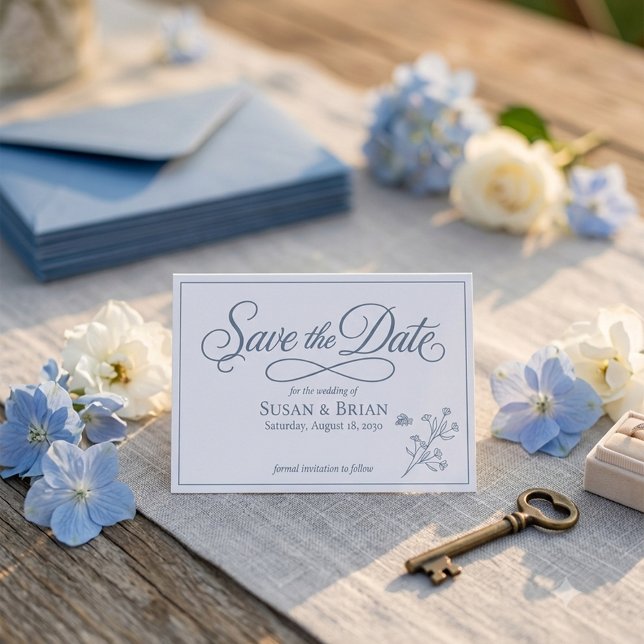 Staubblaues Wildblumen-Save-the-Date mit eleganter Save The Date (Von Creator hochgeladen)