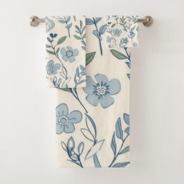 Staubblaues Wildblumenwiesen-Botanikmuster Badhandtuch Set