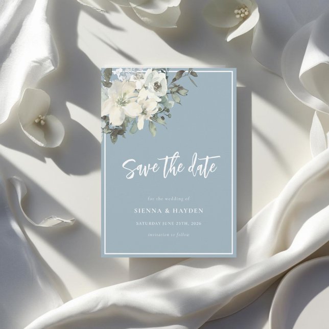 Staubblaues zartes Blumen-Save-the-Date-Karte Save The Date (Von Creator hochgeladen)