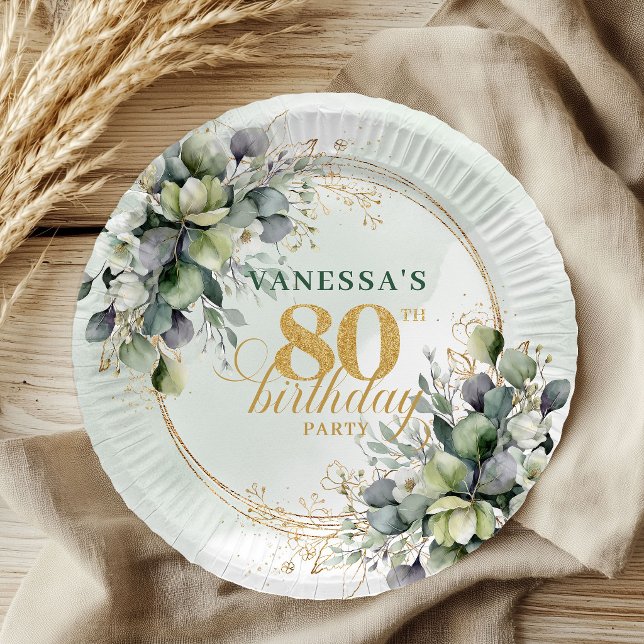 Staubgrün-Aquarell 80. Geburtstag Botanisch  Pappteller (Dusty Green Watercolor 80th Birthday Botanical Plates)