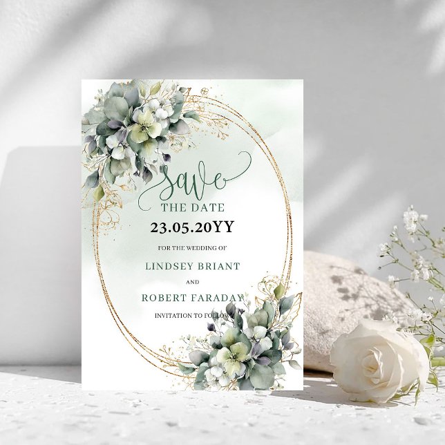 Staubgrün Botanical Gold Save The Date (Dusty Green Botanical Gold Save The Date)