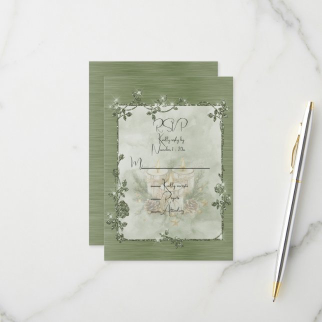 Staubgrün Glänzender Eleganter Funkelnder Rahmen  RSVP Karte (Vorderseite/Rückseite Beispiel)