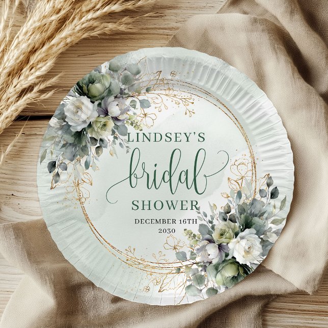 Staubgrüne Blatt-Brautstrauß-Papierteller Pappteller (Dusty Green Foliage Bridal Shower Paper Plates)