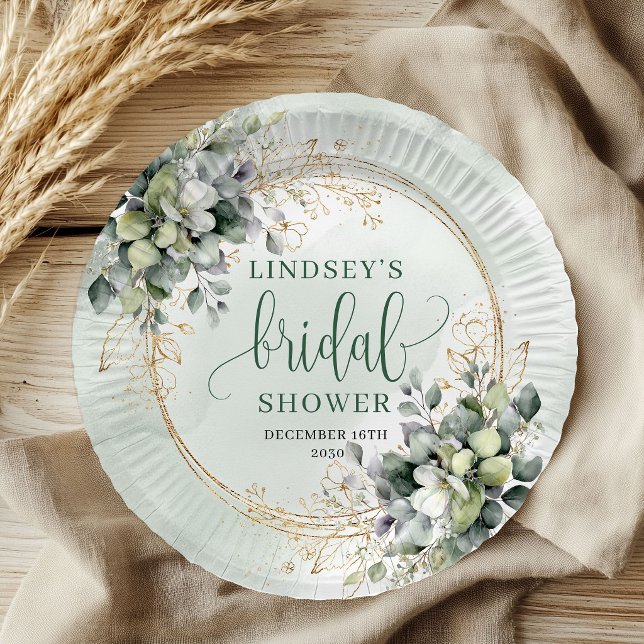 Staubgrüne botanische Brautparty-Papierteller Pappteller (Dusty Green Botanical Bridal Shower Paper Plates)
