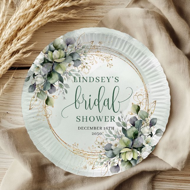 Staubgrüne Eukalyptus-Brautstrauß-Papierteller Pappteller (Dusty Green Eucalyptus Bridal Shower Paper Plates)