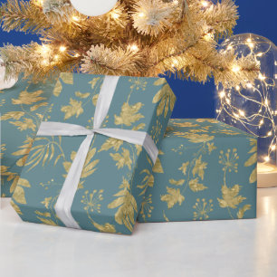 Staubgrüne und goldfarbene Pflanzen und Blätter Geschenkpapier