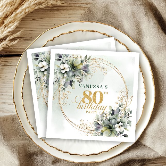 Staubgrünes Boho-Botanik-80.-Geburtstagsfeier  Serviette (Dusty Green Boho Botanical 80th Birthday Party Napkins)