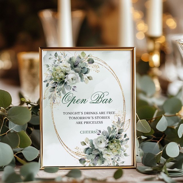 Staubgrünes Greenery-Open-Bar-Tischschild Poster (Dusty Green Greenery Open Bar Tabletop Sign)