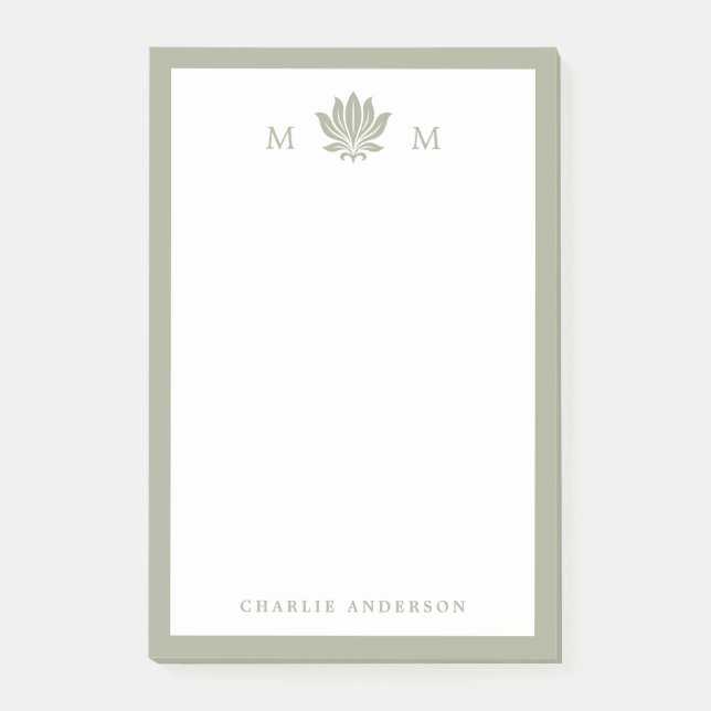 Staubgrünes Lotus-Monogramm Post-it Klebezettel (Vorderseite)