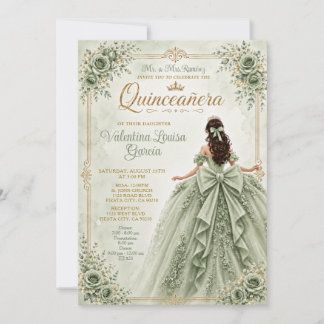 Staubgrünes Quinceañera-Blumen-Ballkleid-Krone Einladung