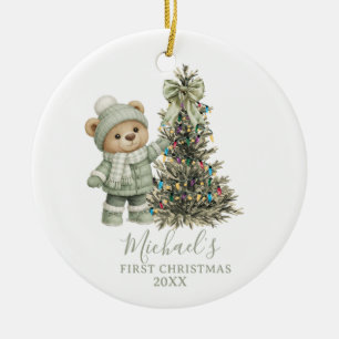 Staubgrünes Salbei-Babybär-Weihnachten Keramik Ornament