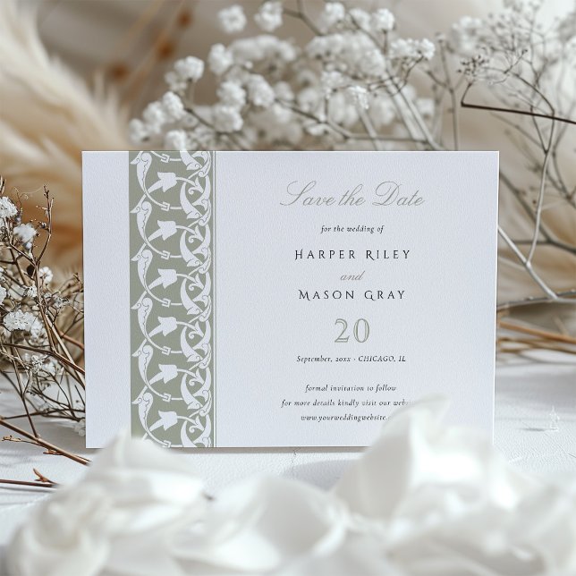 Staubgrünes Save-the-Date-Hasen-Scrollwork Einladung (Von Creator hochgeladen)