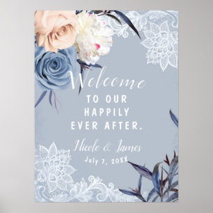 Staubig Blau Grau & Pfirsich Blumen-Spitzen-Hochze Poster