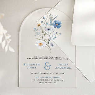 Staubig blaue Boho-Wildblumen-Hochzeit Acryleinladungen