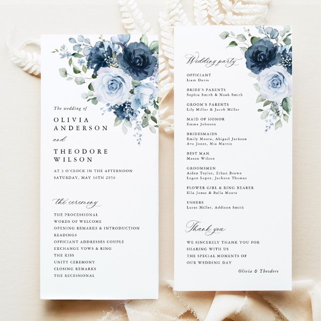 Staubig blaue Marine Blumen-Aquarell Hochzeitszere Programm (Dusty blue navy floral wedding program set, watercolor bouquet, elegant fine art stationery)