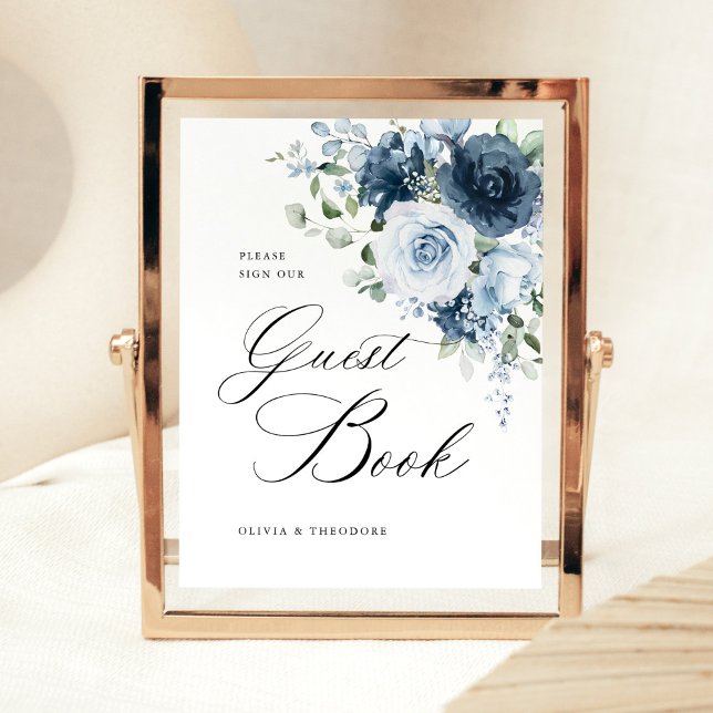 Staubig blaue Marine Blumen Gästebuch Hochzeitstis Sockelschild (Dusty blue navy floral guest book wedding table sign, elegant watercolor in gold pedestal frame)