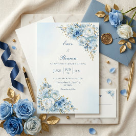 Staubig Blaue Roségoldene Doppelrahmen-Hochzeit Einladung