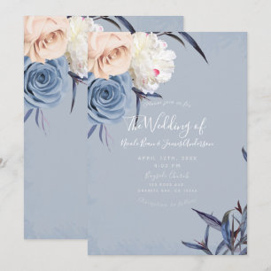 Staubig Blaugrau und Pfirsich Blumenhochzeit Einladung