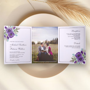 Staubig lila Aquarell Blumen Foto Hochzeit Dreifach Gefaltete Einladung
