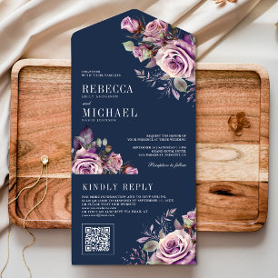Staubig lila Blumen Hochzeit Navy Blau QR Code All In One Einladung