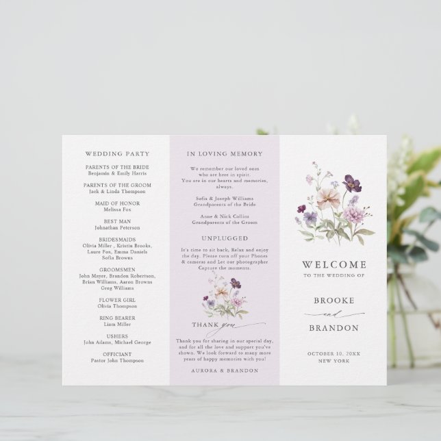 Staubig lila Lavendel Wildblumen Hochzeitsprogramm (Stehend Vorderseite)