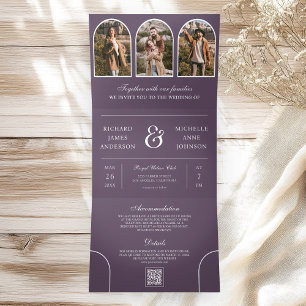 Staubig Lila Minimaler Bogen Foto QR-Code Hochzeit Dreifach Gefaltete Einladung