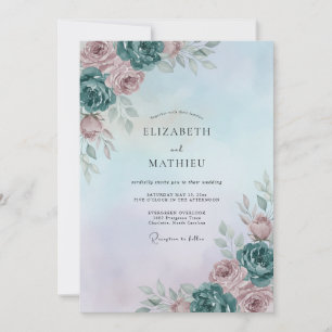 Staubige Aqua-Mauve-Pfingstrosen-Hochzeit Einladung
