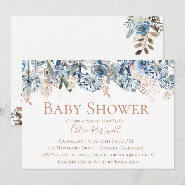 Staubige blaue BlumenBabyparty-Einladung Einladung (Vorne/Hinten)