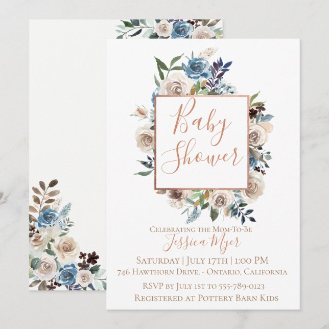 Staubige blaue SahneblumenBabyparty-Einladung Einladung (Vorne/Hinten)