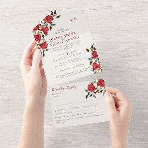 Staubige elegante goldene rote Rose Blumenhochzeit All In One Einladung