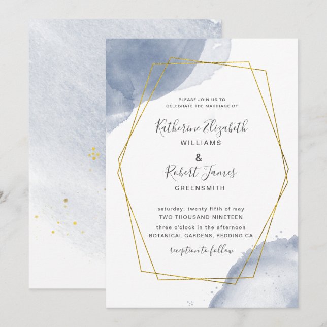 staubige goldfarbene, elegante blaue Hochzeitseinl Einladung (Vorne/Hinten)