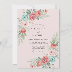 Staubige Korallen-Aqua-Blüten-Hochzeit Einladung