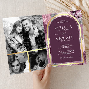Staubige Mauve-Lila-Floralbogen-QR-Code-Hochzeit Einladung