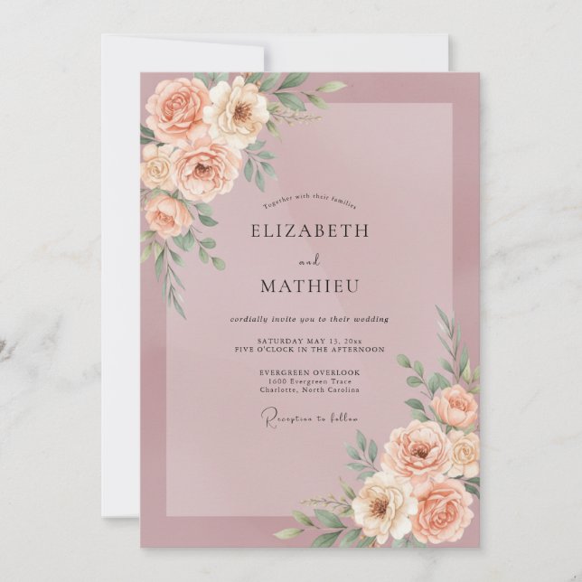 Staubige Mauve-Pfirsich-Blüten-Hochzeit Einladung (Vorderseite)