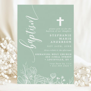 Staubige Minze Weiße Florale Elegante Schrift Tauf Einladung