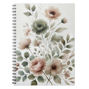 Staubige Olive & Rosa Wasserfarben Blumen Hochzeit Notizblock