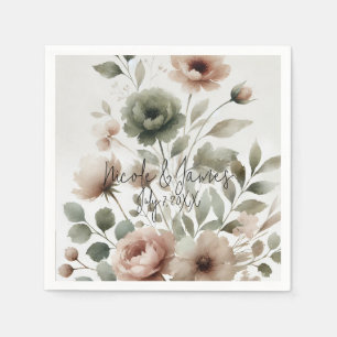 Staubige Olive & Rosa Wasserfarben Blumen Hochzeit Serviette