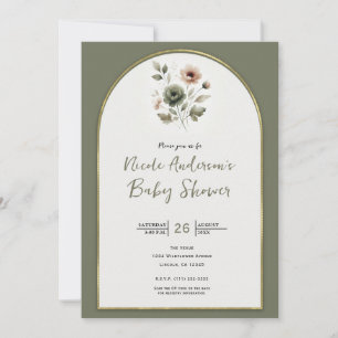 Staubige Olive- und rosa Aquarell-Blumen-Baby-Part Einladung