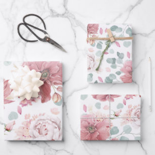 Staubige rosa Blumen Elegantes botanisches Muster Geschenkpapier Set