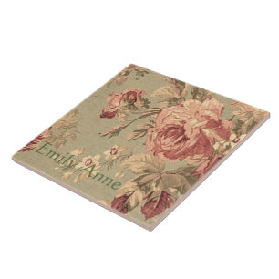 Staubige rosa und weises Grün-Rosen personalisier Fliese