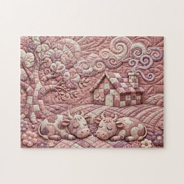 Staubige Rose Malerische Gewürfelte Kühe Patchwork (Horizontal)