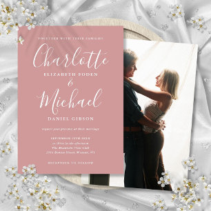 Staubige Rose Minimalist Schrift Foto Hochzeit Einladung