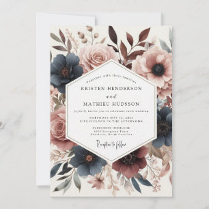 Staubige Rose Tiefe Teal-Blüten-Hochzeit Einladung